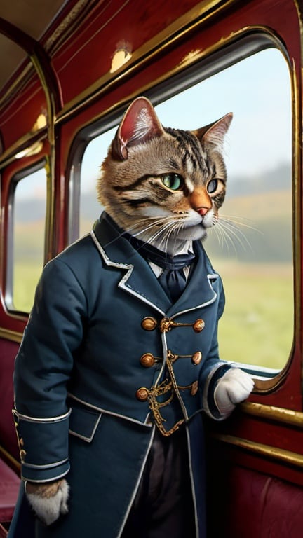 Prompt: cat dressed, train, 1900, traveling England, vibrant, grim, romantic, hystorical, intricate details, hyperdetailed, 4k, painting, trending on artstation