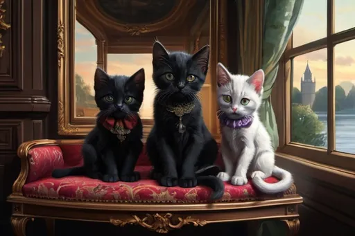 Prompt: black kittens and a cat dressed gentry, 1800, traveling England, lake, mansion, vibrant, grim, romantic, hystorical, intricate details, hyperdetailed, 4k, painting, trending on artstation