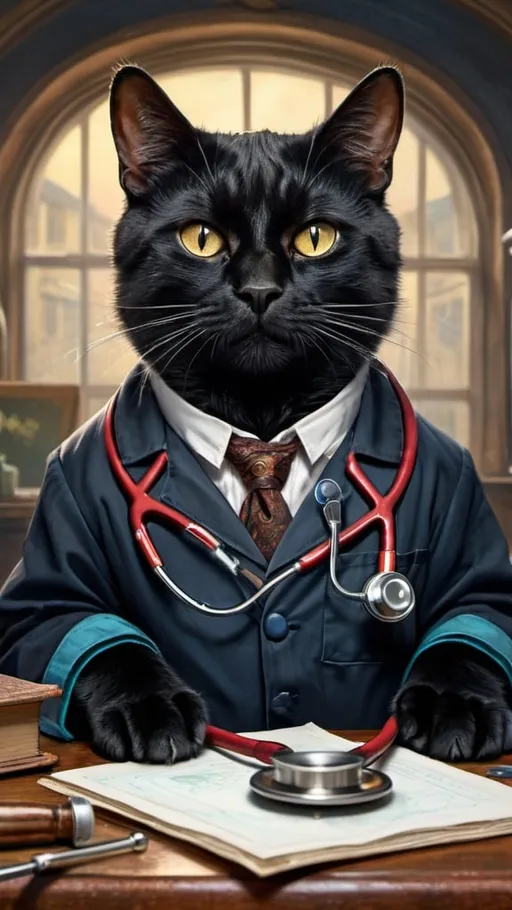 Prompt: black male cat dressed as doctor with stethoscope, 1900, traveling England, vibrant, grim, romantic, hystorical, intricate details, hyperdetailed, 4k, painting, trending on artstation