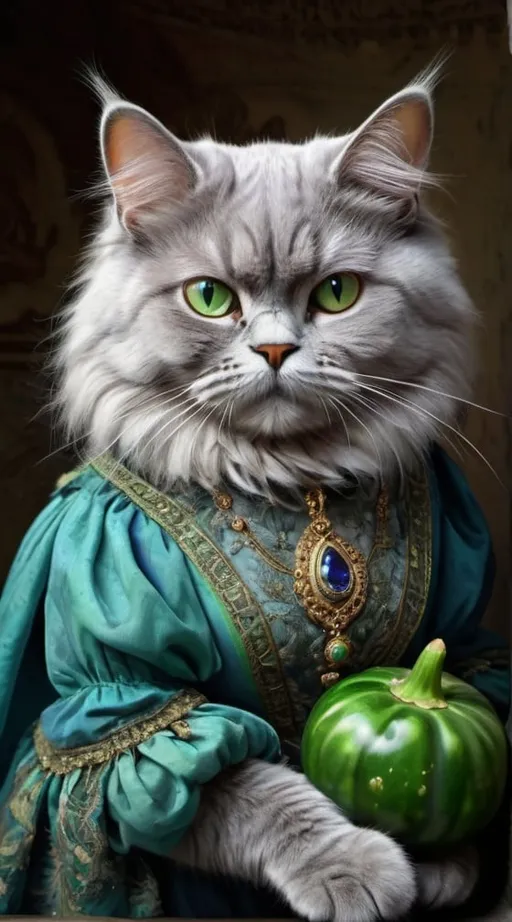 Prompt: grey persian female cat dressed in blue and green holding aubergine, 1900, traveling England, vibrant, grim, romantic, hystorical, intricate details, hyperdetailed, 4k, painting, trending on artstation