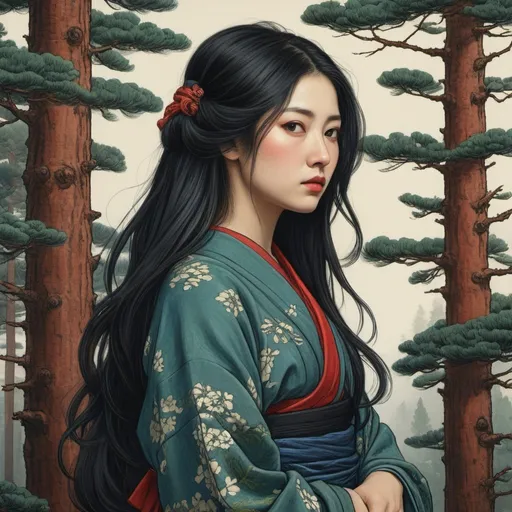 Prompt: Hokusai, Shishkin's pine trees, full body portrait of a woman with long straight black hair, royal, red, blue, green, dark, grim, horror, hyperdetailed, ink 8k, hd, painting, trending on artstation 