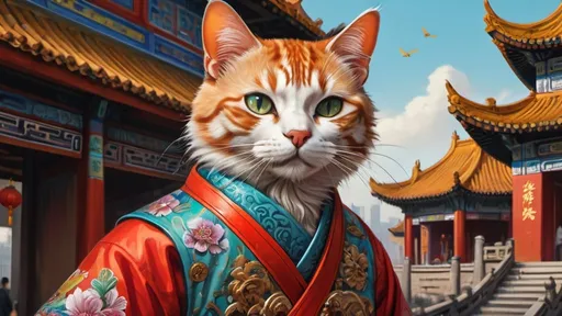 Prompt: a cat dresssed, fesk, traveling China, vibrant, hystorical, intricate details, forbiden city, hyperdetailed, 4k, painting, trending on artstation
