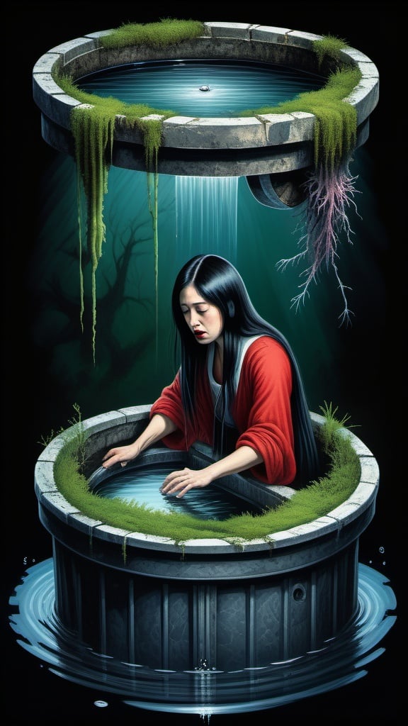 Prompt: Hocusai illustarition of woman with black long hair crowling out of a well, red, pastel, blue, white, green, seaweed, algae, modern appartment submerged in water, top dow view, dark, grim, horror, hyperdetailed, ink 8k, hd, painting, trending on artstation