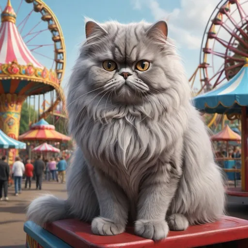 Prompt: grey persian cat in amusement park, vibrant, grim, royal, intricate details, hyperdetailed, 4k, painting, trending on artstation