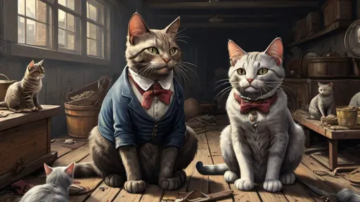 Prompt: cats family dresssed  poor, factory, 1880, traveling England, vibrant, grim, hystorical, intricate details, hyperdetailed, 4k, painting, trending on artstation