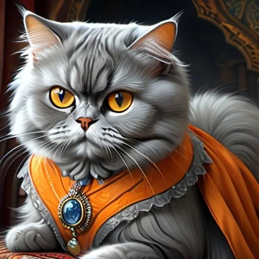Prompt: grey persian female cat dressed in orange, 1900, traveling England, vibrant, grim, romantic, hystorical, intricate details, hyperdetailed, 4k, painting, trending on artstation