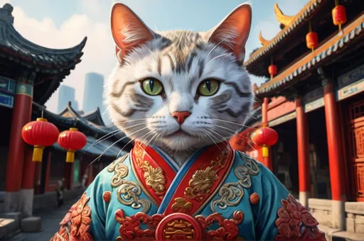 Prompt: a cat dresssed, traveling China, vibrant, hystorical, intricate details, forbiden city, hyperdetailed, 4k, painting, trending on artstation