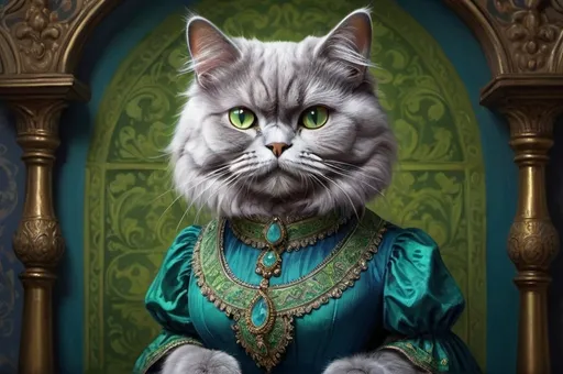 Prompt: grey persian female cat dressed in blue and green holding aubergine, 1900, traveling England, vibrant, grim, romantic, hystorical, intricate details, hyperdetailed, 4k, painting, trending on artstation