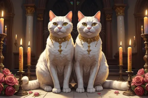 Prompt: cat wedding dressed, fat and slim, church, mansion, vibrant, grim, glow, romantic, candles, hystorical, intricate details, hyperdetailed, 4k, painting, trending on artstation