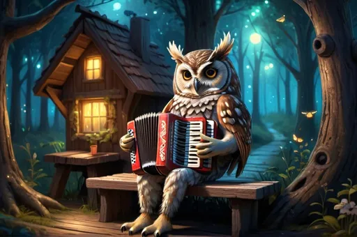 Prompt: an owl dressed playing accordion, sitting on a bench by a hut, fantasy forest, tree house, 
mire down bellow,  vibrant, grim, intricate details, fireflies,  glow, hyperdetailed, 4k, painting, trending on artstation