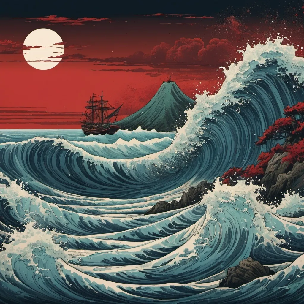 Prompt: seaside scene in Hokusai, Vereshchagin style, red, blue, green background, dark, grim, swerve, swirl, horror, hyperdetailed, ink 8k, hd, painting, trending on artstation 