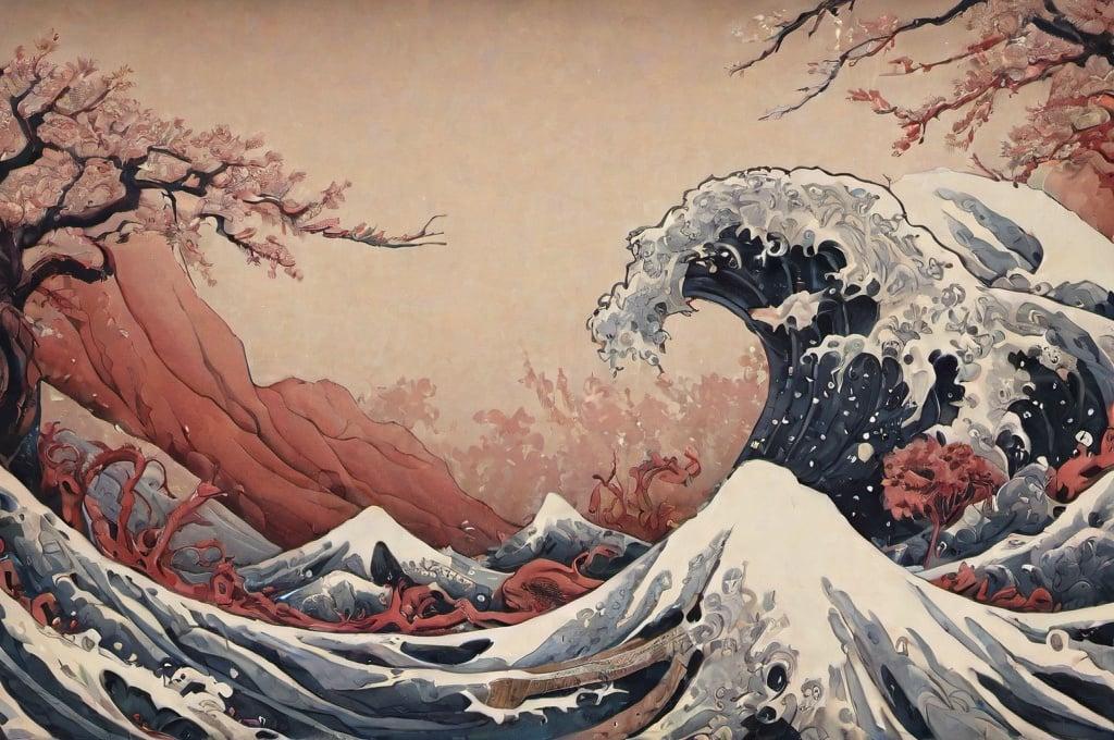 Prompt: Hohokusai, illustarition, Sadako, sea monster, waves, foam, fish, red mountains, hyperdetailed, ink 8k, painting, trending on artstation