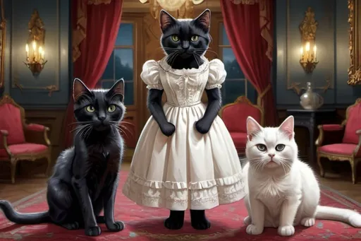 Prompt: black kittens and a white cat in a dress dressed gentry, 1800, France, fat and slim, lake, mansion, swing, vibrant, grim, glow, romantic, hystorical, intricate details, hyperdetailed, 4k, painting, trending on artstation