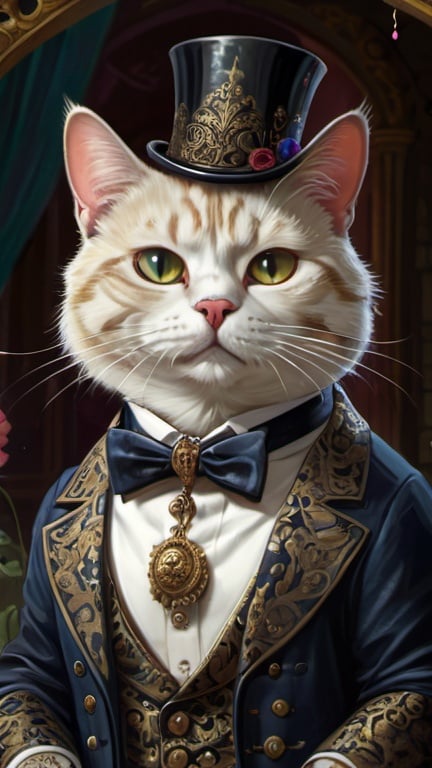Prompt: cat dressed for wedding, gentry, goth, 1880,  fat and slim, lake, castle, Europe, Asia, mansion, swing, vibrant, grim, glow,  romantic, hystorical, intricate details, hyperdetailed, 4k, painting, trending on artstation