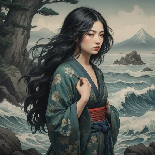 Prompt: Hokusai, Shishkin, full body portrait of a woman with long black hair, red, blue, algae,sea, green, dark, grim, horror, hyperdetailed, ink 8k, hd, painting, trending on artstation 