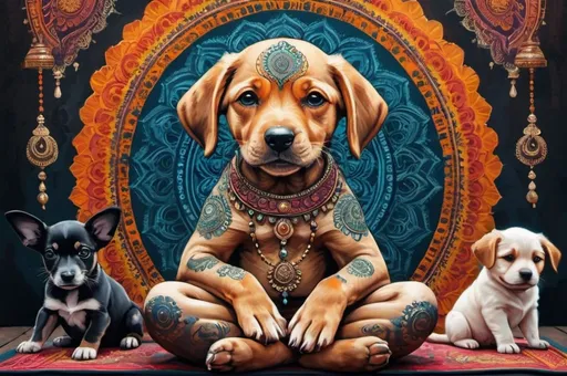 Prompt: puppies and dogs dresssed traveling India, meditating, vibrant, hystorical, grim intricate details, glow, mandala, books, ink, paper, hyperdetailed, 4k, painting, trending on artstation