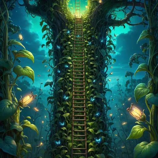 Prompt: looking down beanstalk with a ladder leading up, fantasy field, vibrant, grim, intricate details, fireflies, green and blue glow, hyperdetailed, 4k, painting, trending on artstation