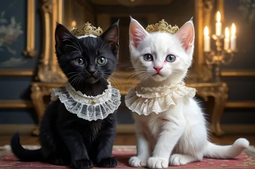 Prompt: 2 black kittens dressed gentry and 1 white kitten in a dress, 1800, head head pieces, raveling England, France, lake, glow, mansion, vibrant, grim, romantic, hystorical, intricate details, hyperdetailed, 4k, painting, trending on artstation