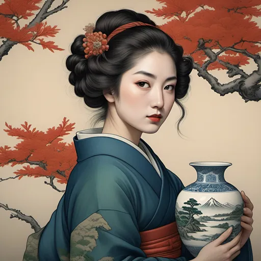 Prompt: Hokusai, portrait of a lady with a vase, illustration  red, blue, green, top dow view, dark, panorama, grim, horror, hyperdetailed, ink 8k, hd, painting, trending on artstation 