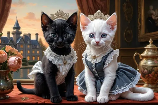 Prompt: 2 black kittens dressed gentry and 1 white kitten in a dress, 1800, head head pieces, raveling England, France, lake, glow, mansion, vibrant, grim, romantic, hystorical, intricate details, hyperdetailed, 4k, painting, trending on artstation