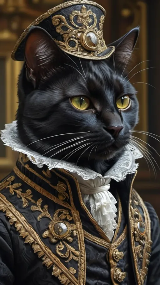 Prompt: black male cat dressed, 1700, traveling England, vibrant, grim, romantic, hystorical, intricate details, hyperdetailed, 4k, painting, trending on artstation