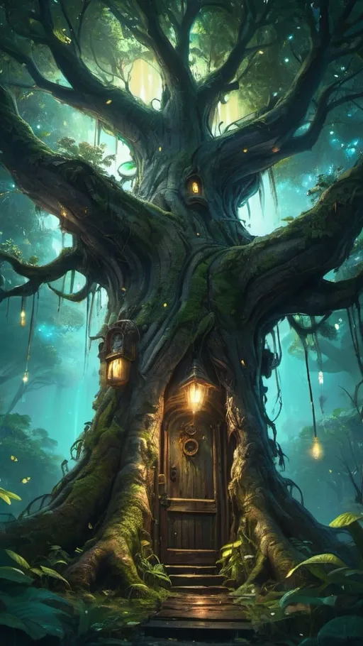 Prompt: looking up big tree trank with a door, fantasy forest,swamp, vibrant, grim, intricate details, fireflies,  glow, hyperdetailed, 4k, painting, trending on artstation