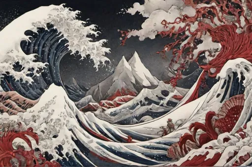 Prompt: Hohokusai, illustarition, Sadako, clif, sea shells, waves, foam, fish, red mountains, white background, grim hyperdetailed, ink 8k, painting, trending on artstation