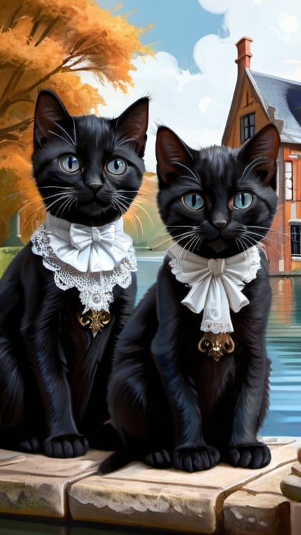 Prompt: 2 black kittens and 1 whitw cat dressed gentry, 1800, traveling England, lake, mansion, vibrant, grim, romantic, hystorical, intricate details, hyperdetailed, 4k, painting, trending on artstation