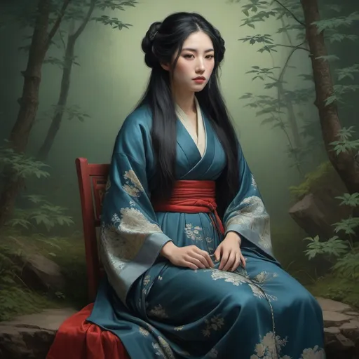 Prompt: Hokusai, Shishkin, full body oil, portrait of a woman with long black hair, dressed royal, grim, sitting, red, blue, backgroundgreen, dark, grim, horror, hyperdetailed, ink 8k, hd, painting, trending on artstation 