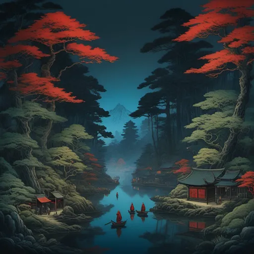 Prompt: Hokusai, marketplace, forest, altar,  silhouettes of people in hoods, classical,  red, blue, green, seaweed, algae, top dow view, dark, panorama, grim, horror, hyperdetailed, ink 8k, hd, painting, trending on artstation 