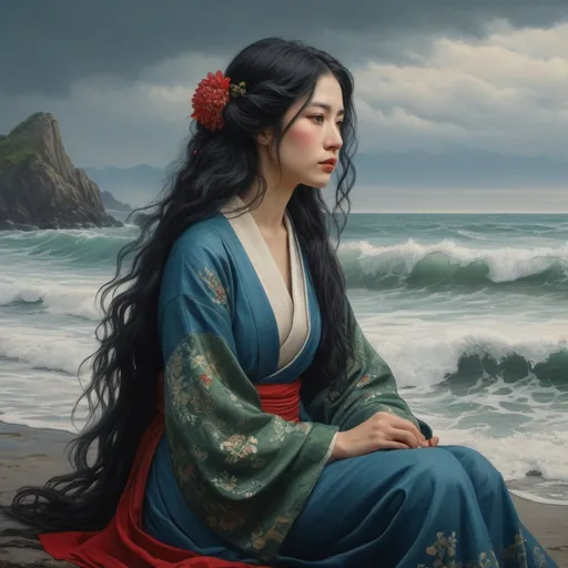 Prompt: Hokusai, Shishkin, Vereshchagin, better hands, better face, oil, full body portrait of a woman with long black hair, dressed royal, grim, sitting, red, blue, green, sea side, dark, grim, horror, hyperdetailed, ink 8k, hd, painting, trending on artstation 