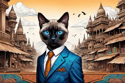 Prompt: siamese cat in a suit traveling indian landscape, vibrant, grim, hystorical, intricate details, books, ink, paper, hyperdetailed, 4k, painting, trending on artstation,