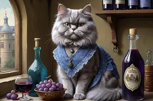 Prompt: grey persian female cat dressed in blue, aubergines, bottles of grape juice, kitchen, bouduir, bridge, 1900, traveling England, vibrant, grim, boudoir, romantic, hystorical, intricate details, hyperdetailed, 4k, painting, trending on artstation