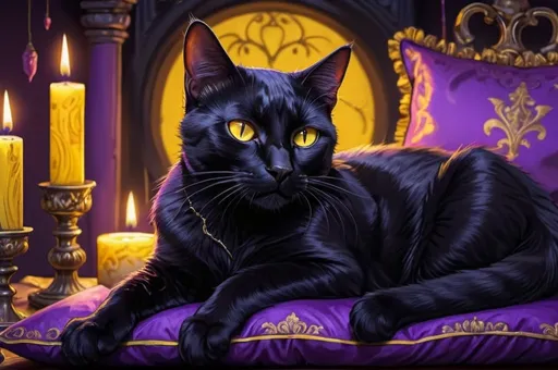 Prompt: black cat with yellow eyes lying on a purple pillow, dressed, boudoir, vibrant, grim, candles, hystorical, intricate details, books, ink, paper, hyperdetailed, 4k, painting, trending on artstation, cinematic