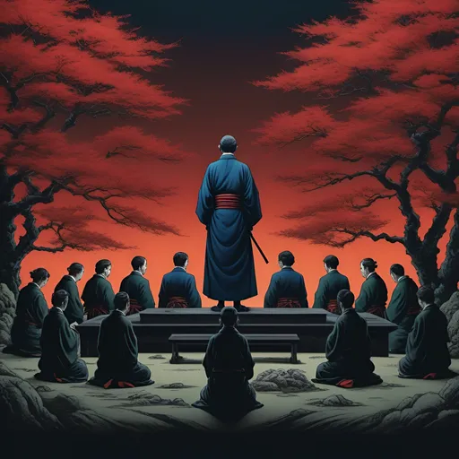 Prompt: Hokusai, altar,  silhouettes of people guard suits,  red, blue, green, top dow view, dark, panorama, grim, horror, hyperdetailed, ink 8k, hd, painting, trending on artstation 