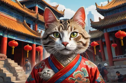 Prompt: a cat dresssed, traveling China, vibrant, hystorical, intricate details, forbiden city, hyperdetailed, 4k, painting, trending on artstation