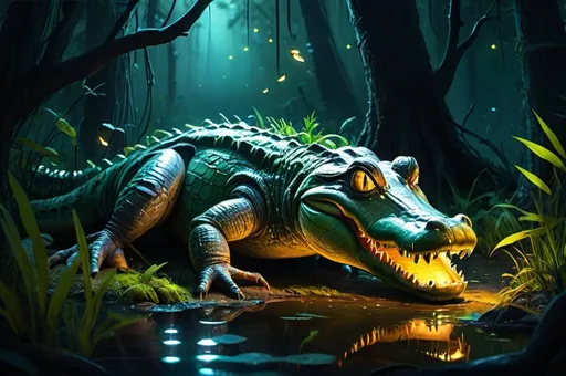 Prompt: an aligator, tree trank, fantasy forest,
swamp,  vibrant, grim, intricate details, fireflies,  glow, hyperdetailed, 4k, painting, trending on artstation