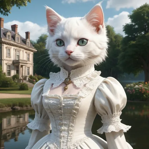 Prompt: 1 white kitten dressed gentry dress, 1800, traveling England, lake, mansion, vibrant, grim, romantic, hystorical, intricate details, hyperdetailed, 4k, painting, trending on artstation