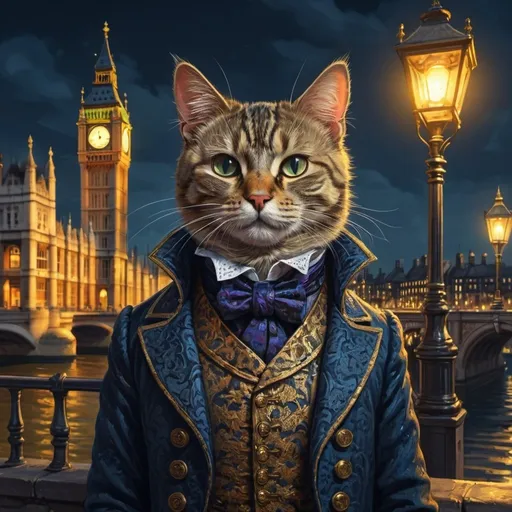 Prompt: cat dressed gentry, london bridge 1900, traveling England, city, vibrant, grim, romantic, night, glow, hystorical, intricate details, hyperdetailed, 4k, painting, trending on artstation