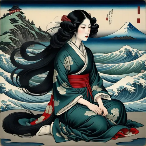 Prompt: Hokusai, Vereshchagin, full body portrait of a woman with long black hair, dressed royal, grim, facing sea at a sea side, sitting, red, blue, green background, dark, grim, swerve, swirl, horror, hyperdetailed, ink 8k, hd, painting, trending on artstation 