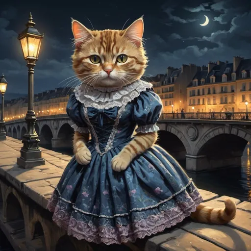 Prompt: cat in a dress,bridge 1900, traveling, city, france, grim, romantic, night, glow, hystorical, intricate details, hyperdetailed, 4k, painting, trending on artstation