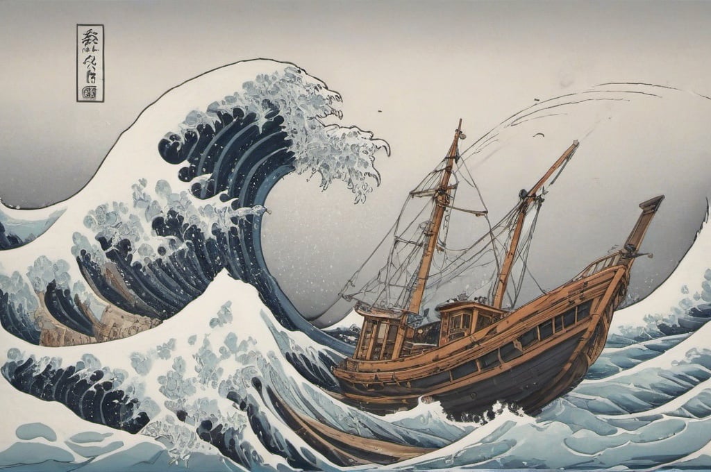 Prompt: Hohokusai, illustarition, waves, fishing boat, slanted horizon line line, foam, , white background, grim hyperdetailed, ink 8k, hd, painting, trending on artstation