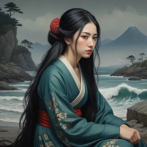 Prompt: Hokusai, Shishkin, Vereshchagin, better hands, better fingers, better palms, better face, oil, full body portrait of a woman with long straight black hair, dressed royal, grim,solemn,  sitting, red, blue, green, sea side, dark, grim background, horror, hyperdetailed, ink 8k, hd, painting, trending on artstation 