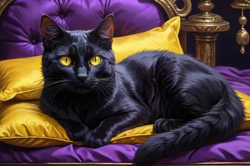 Prompt: black cat with yellow eyes casually  lying on a purple pillow, dressed royal, boudoir, vibrant, grim, hystorical, intricate details, hyperdetailed, 4k, painting, trending on artstation, cinematic