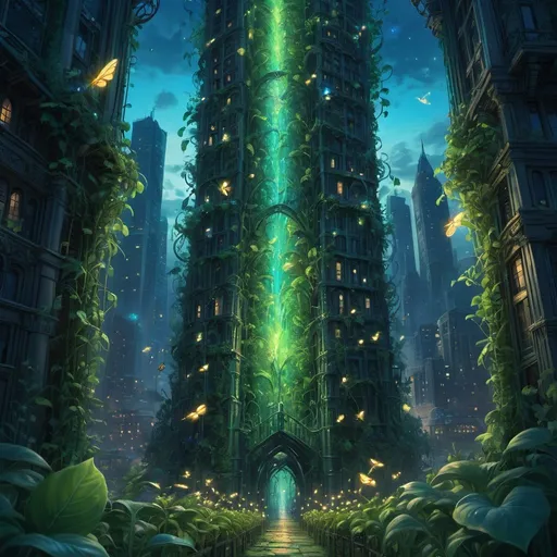 Prompt: looking down beanstalk like as if is a skyscraper, fantasy field, vibrant, grim, intricate details, fireflies, green and blue glow, hyperdetailed, 4k, painting, trending on artstation