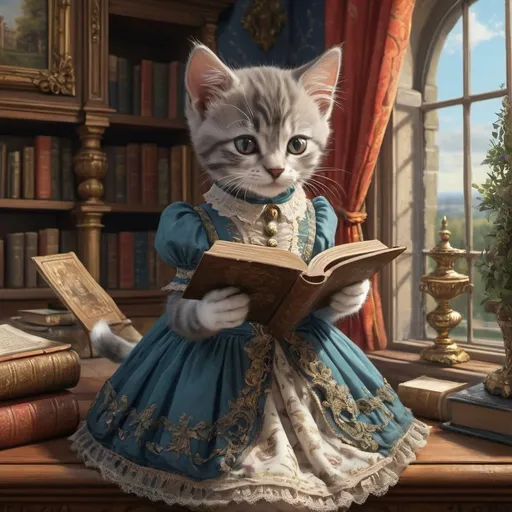 Prompt: 1 kitten dressed gentry dress, 1800, reading a book, traveling France, tree, mansion, vibrant, grim, romantic, hystorical, intricate details, hyperdetailed, 4k, painting, trending on artstation