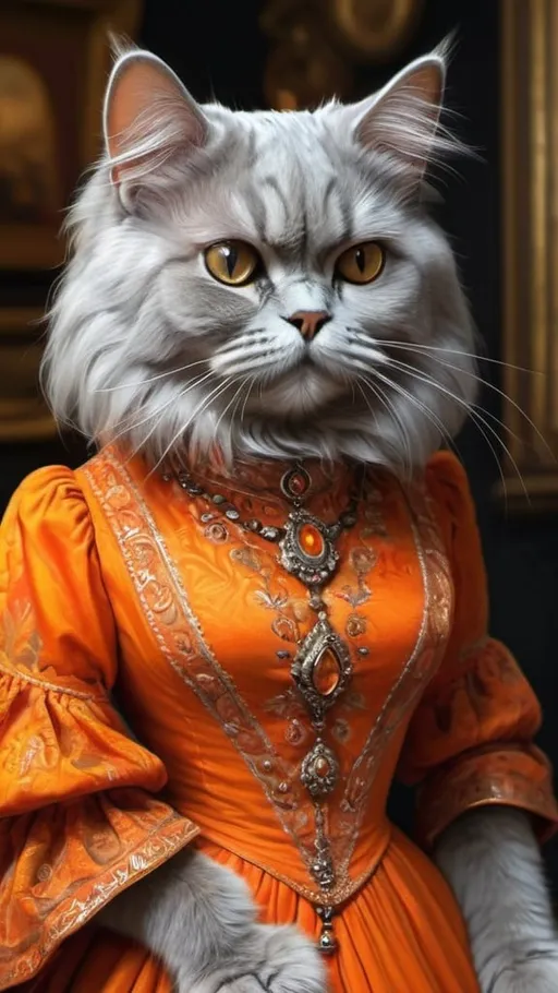 Prompt: grey persian female cat dressed in orange, 1900, traveling England, vibrant, grim, romantic, hystorical, intricate details, hyperdetailed, 4k, painting, trending on artstation