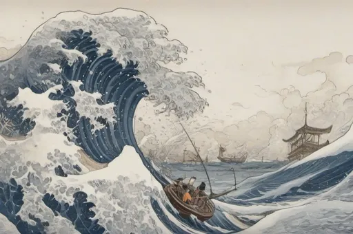 Prompt: Hohokusai, illustarition, waves, fishing boat, slanted horizon line line, foam, , white background, grim hyperdetailed, ink 8k, hd, painting, trending on artstation