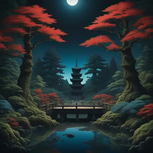 Prompt: Hokusai, marketplace, forest, altar,  silhouettes, symmetrical, classical,  red, blue, green, seaweed, algae, top dow view, dark, panorama, grim, horror, hyperdetailed, ink 8k, hd, painting, trending on artstation 