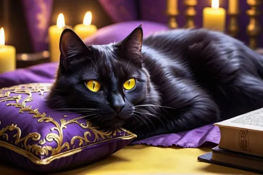 Prompt: black cat with yellow eyes lying on a purple pillow, boudoir, vibrant, grim, candles, hystorical, intricate details, books, ink, paper, hyperdetailed, 4k, painting, trending on artstation, cinematic